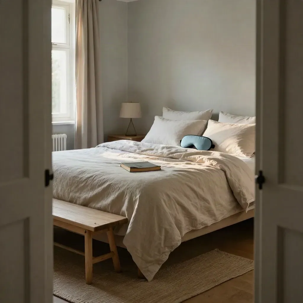 Rustige slaapkamer met opgemaakt bed, mistblauw slaapmasker en gesloten boek in ochtendlicht.