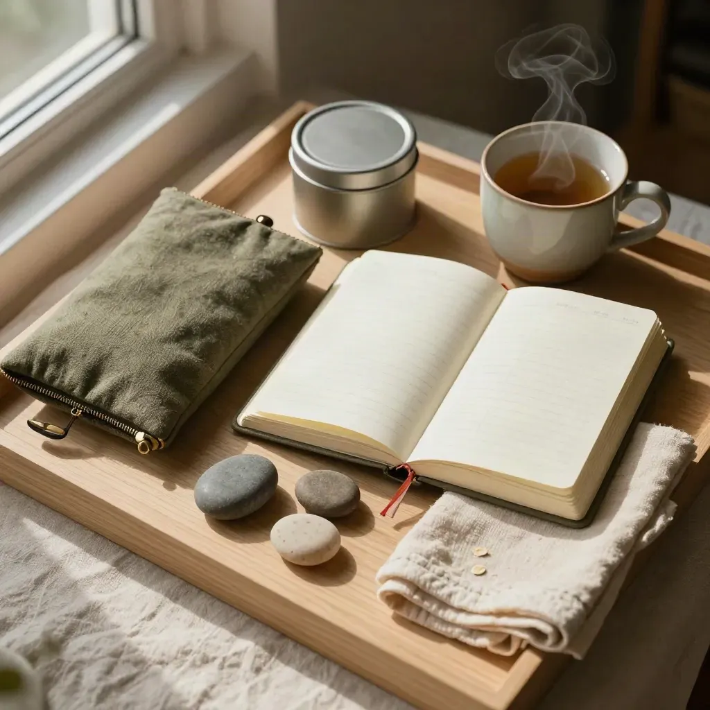 Zelfzorgkit met planner, theetin en habit stones op een houten tray bij zacht raamlicht.