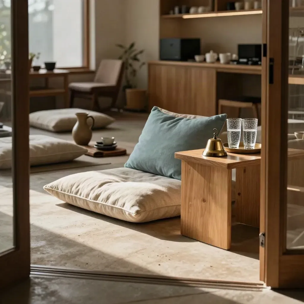 Stille kantoorlounge met meditatiekussens, waterglazen op een tray en een bel in zacht daglicht.