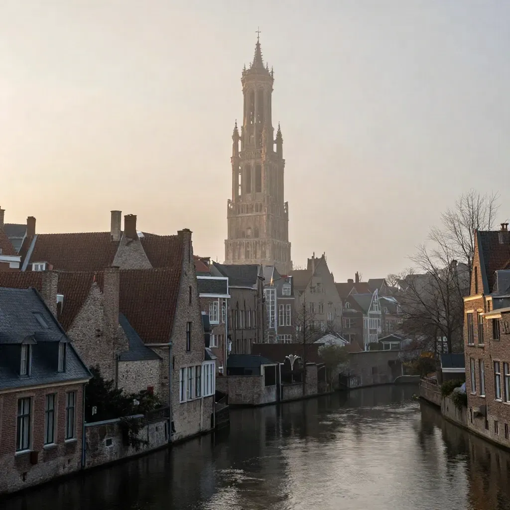 Domtoren boven mistige grachten bij zonsopkomst