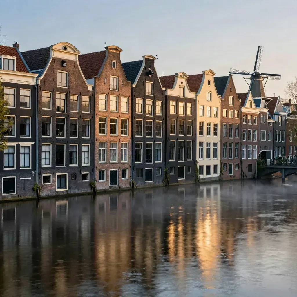 Amsterdamse grachtenpanden en molensilhouet in warm gouden avondlicht boven stil water